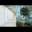 Centrum Badawczo - Rozwojowe firmy High Technology Machines w Gliwicach – dwa widoki wnętrza, po lewej długi, jasny korytarz podzielony na segmenty, z drzwiami do pomieszczeń. Po prawej na pierwszym p 
