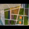Widok z drona na patio. Od lewej strony taras, trawy z leżakami, zbiornik wodny, taras, dalej trawy dekoracyjne, hamaki na stalowej konstrukcji, boisko sportowe, zielone górki, sad wiśniowy. 