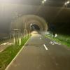 Oświetlona nocą velostrada i ciąg pieszy, rozdzielone pasem zieleni na którym rosną młode drzewa zabezpieczone drewnianymi podporami. Trasa prowadzi przez tunel. Po lewej stronie widoczny jest ciąg pieszy z oznaczeniem dla pieszych, po prawej szersza velostrada. Na asfaltowej nawierzchni velostrady widoczne są białe linie rozdzielające pasy ruchu z oznaczeniem rowerowym. 