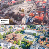 Porównanie Kwartału Rzeczna w Rybniku: u góry pusty plac parkingowy w 2008 roku, poniżej stan z 2025 roku z nowym budynkiem Towarzystwa Budownictwa Społecznego.