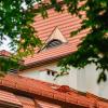 Detal lukarny w formie bawolego oka wykończonego miedzianą blachą. 